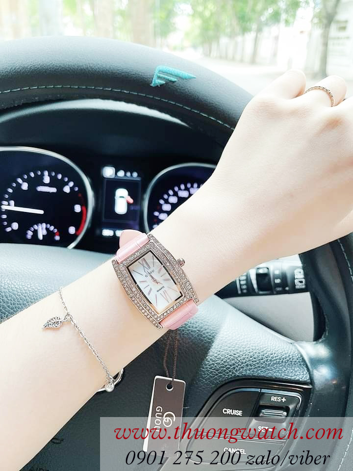Đồng hồ Guou 8225 dây da mặt chữ nhật oval đính đá hồng pastel ĐHĐ43002