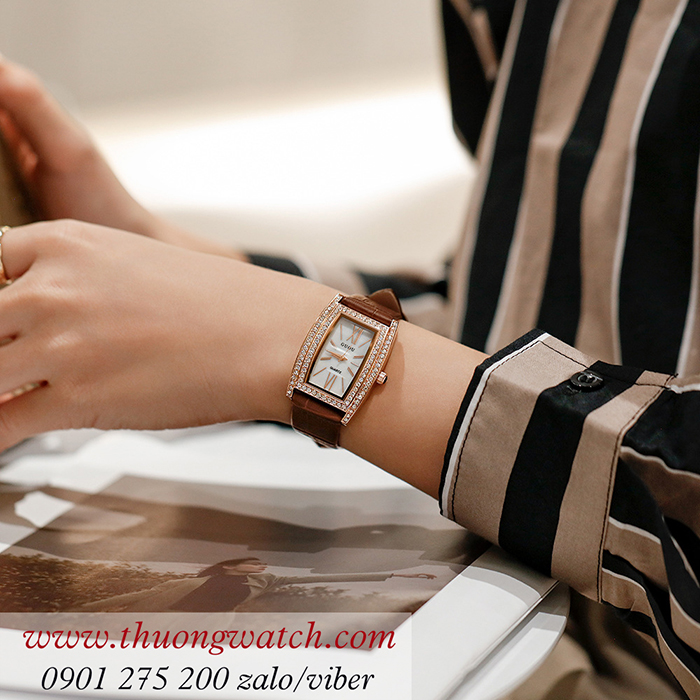 Đồng hồ Guou 8225 dây da mặt chữ nhật oval đính đá nâu cổ điển ĐHĐ43004