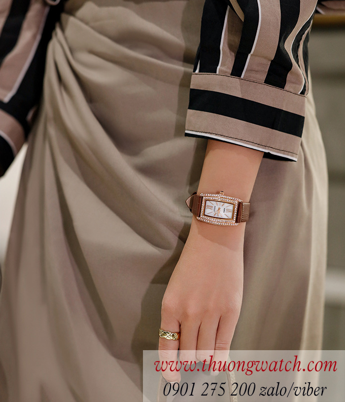 Đồng hồ Guou 8225 dây da mặt chữ nhật oval đính đá nâu cổ điển ĐHĐ43004