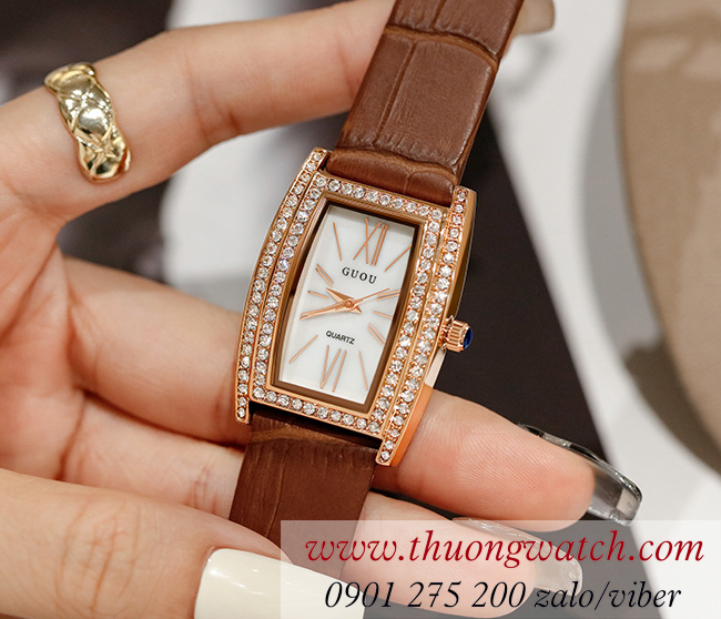 Đồng hồ Guou 8225 dây da mặt chữ nhật oval đính đá nâu cổ điển ĐHĐ43004