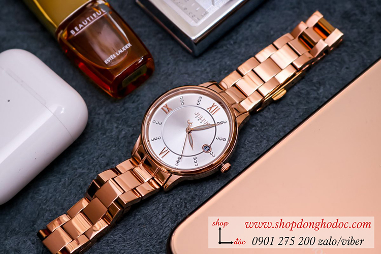 Đồng hồ nữ có lịch Julius JA 1218A dây kim loại mặt tròn trắng sang chảnh ĐHĐ34402