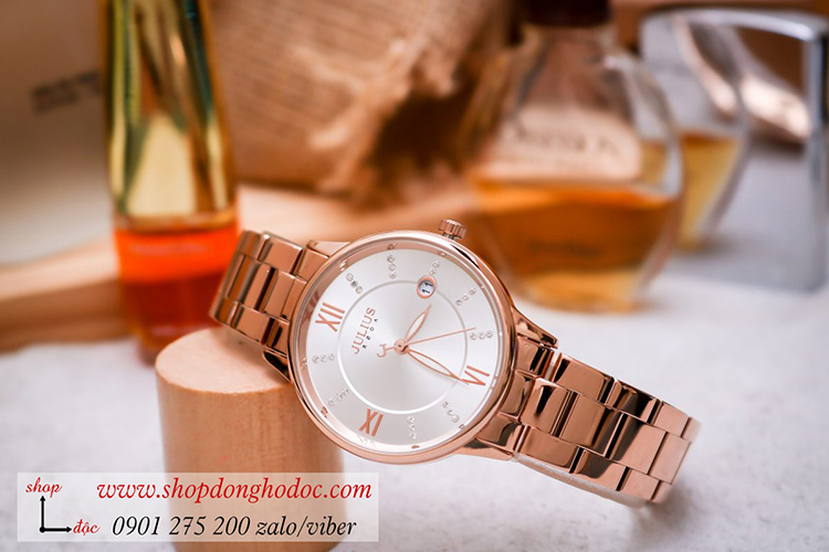 Đồng hồ nữ có lịch Julius JA 1218A dây kim loại mặt tròn trắng sang chảnh ĐHĐ34402