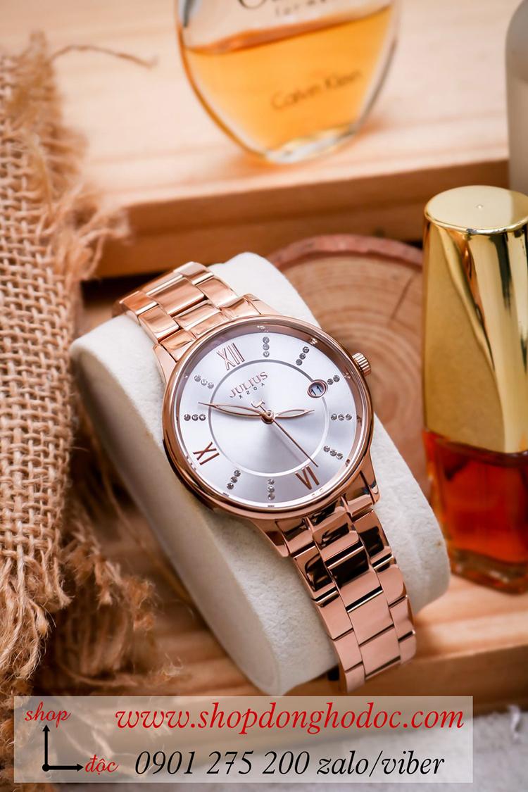 Đồng hồ nữ có lịch Julius JA 1218A dây kim loại mặt tròn trắng sang chảnh ĐHĐ34402