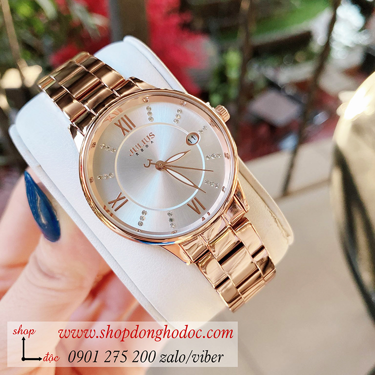 Đồng hồ nữ có lịch Julius JA 1218A dây kim loại mặt tròn trắng sang chảnh ĐHĐ34402