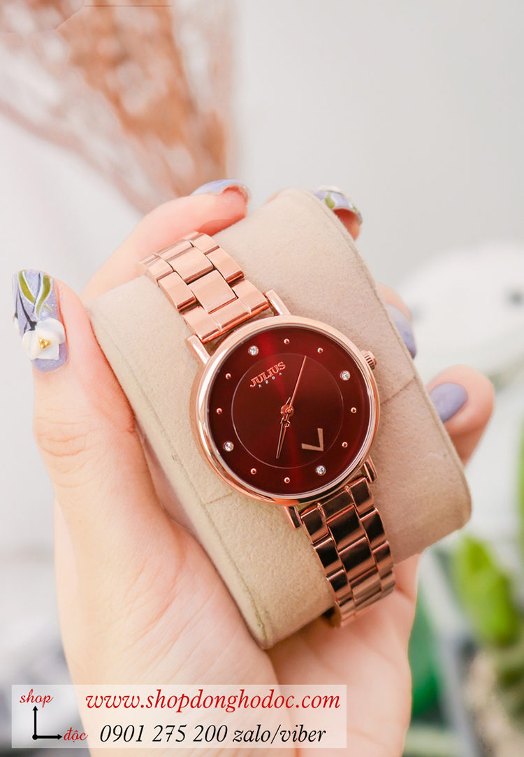 Đồng hồ nữ Julius JA 1248B dây kim loại mặt tròn đỏ đô quyến rũ ĐHĐ34501