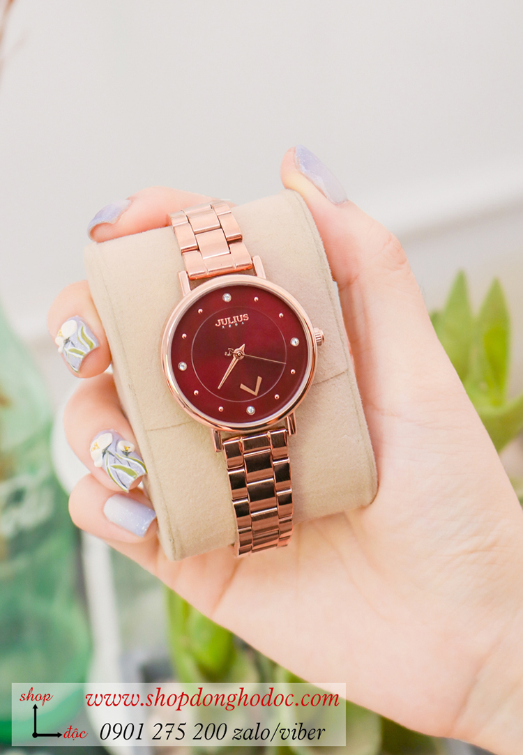 Đồng hồ nữ Julius JA 1248B dây kim loại mặt tròn đỏ đô quyến rũ ĐHĐ34501