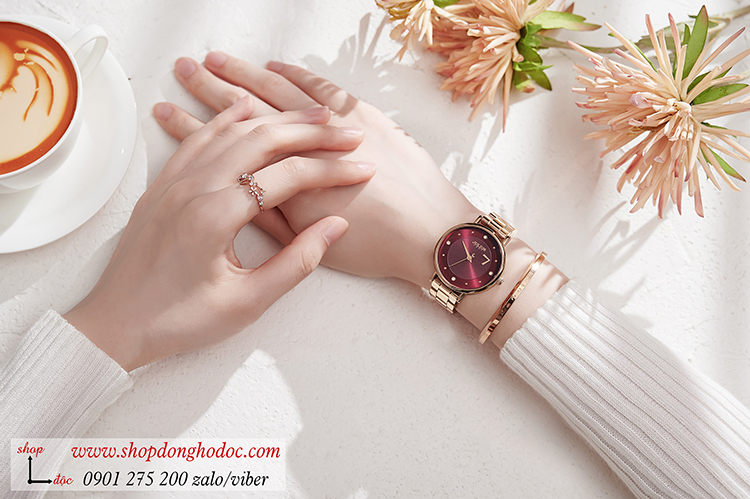 Đồng hồ nữ Julius JA 1248B dây kim loại mặt tròn đỏ đô quyến rũ ĐHĐ34501