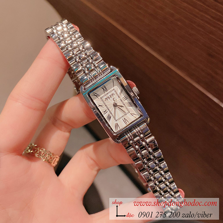 Đồng hồ nữ Julius Hàn Quốc JA 1252A dây kim loại bạc mặt chữ nhật trắng hiện đại ĐHĐ28603 Đồng hồ nữ Julius Hàn Quốc JA 1252A dây kim loại bạc mặt chữ nhật trắng hiện đại ĐHĐ28603