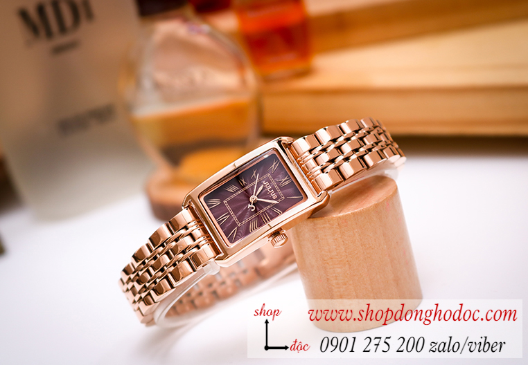 Đồng hồ nữ Julius Hàn Quốc JA 1252C dây kim loại vàng hồng mặt chữ nhật đỏ đô quyến rũ ĐHĐ28602