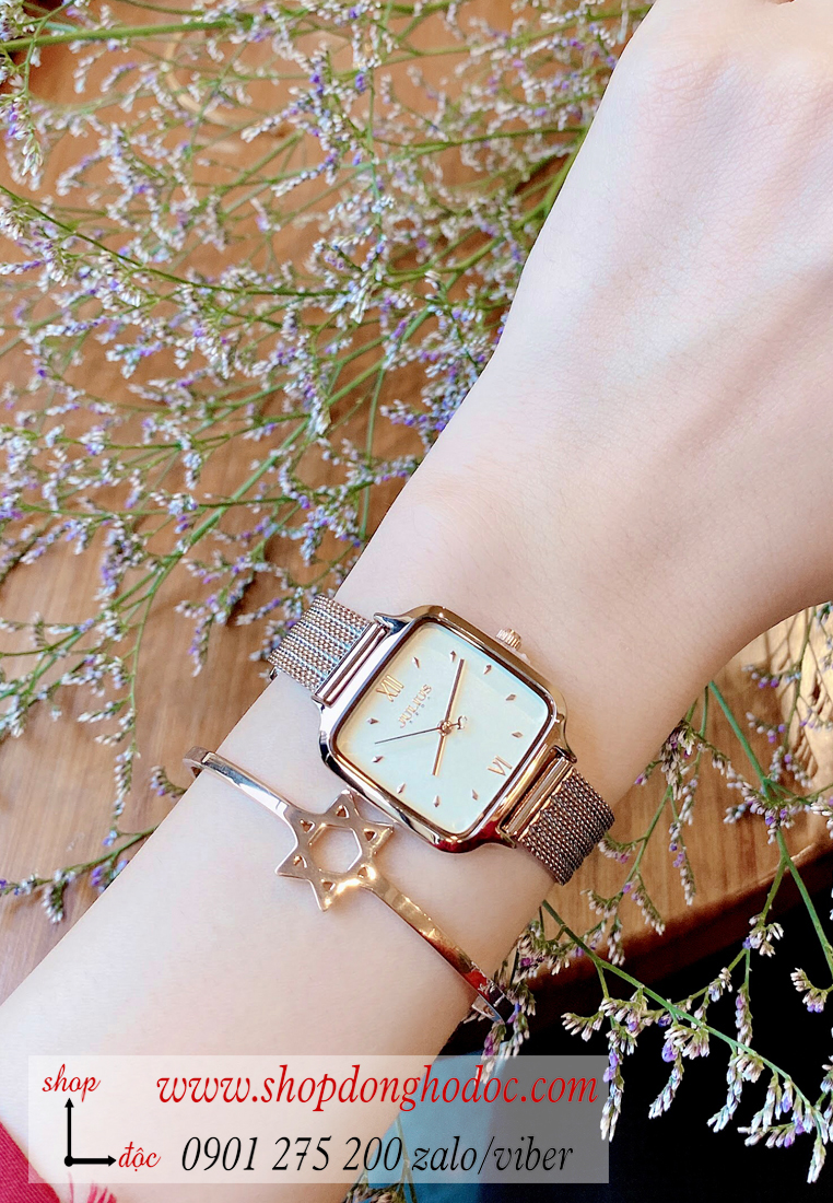 Đồng hồ nữ Julius JA 1264A dây kim loại lưới vàng mặt vuông vàng cổ điển ĐHĐ28804