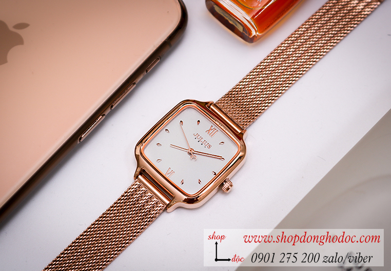 Đồng hồ nữ Julius JA 1264B dây kim loại lưới vàng mặt vuông trắng sang chảnh ĐHĐ28802