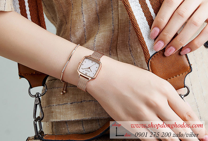 Đồng hồ nữ Julius JA 1264B dây kim loại lưới vàng mặt vuông trắng sang chảnh ĐHĐ28802