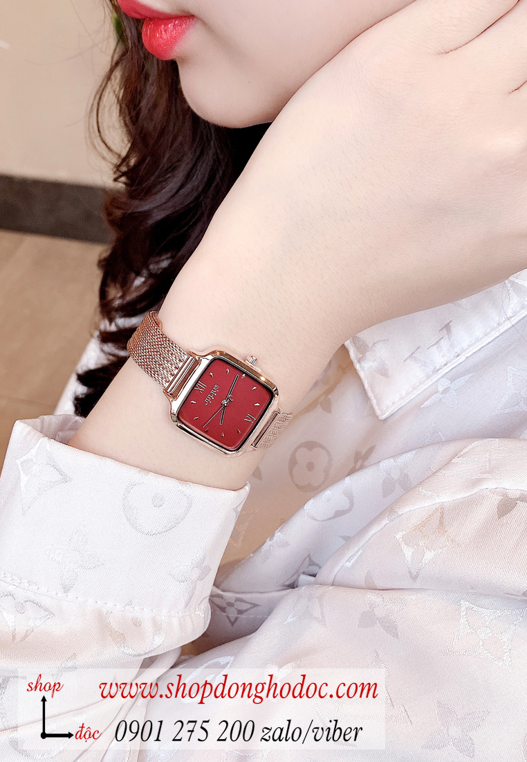 Đồng hồ nữ Julius JA 1264C dây kim loại lưới vàng mặt vuông đỏ quyến rũ ĐHĐ28803