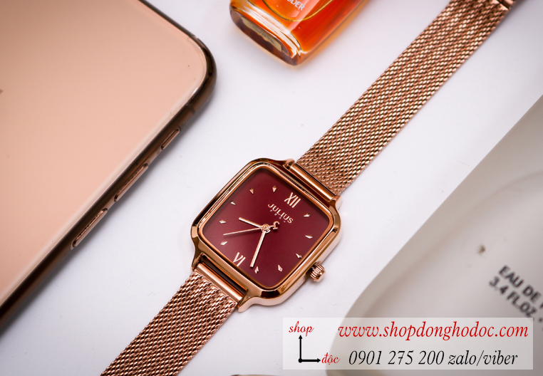 Đồng hồ nữ Julius JA 1264C dây kim loại lưới vàng mặt vuông đỏ quyến rũ ĐHĐ28803
