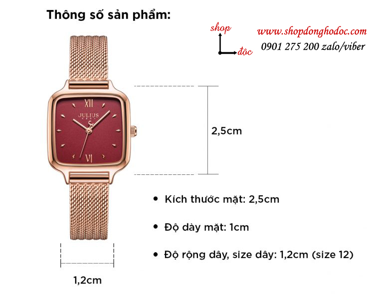 Đồng hồ nữ Julius JA 1264C dây kim loại lưới vàng mặt vuông đỏ quyến rũ ĐHĐ28803