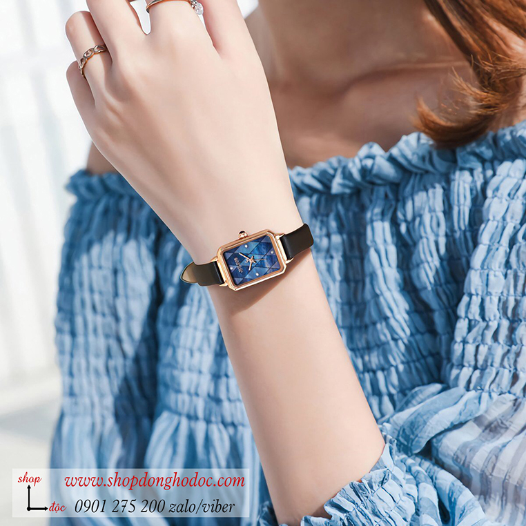 Đồng hồ nữ Julius Hàn Quốc JA 1280B dây da mặt chữ nhật khảm trai xanh cá tính ĐHĐ30302