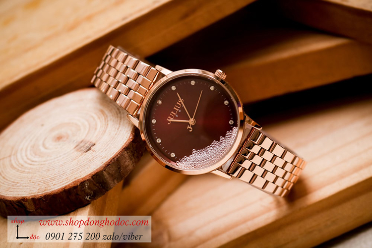 Đồng hồ nữ Julius JA 1283C dây kim loại mặt tròn đỏ đính đá quý phái ĐHĐ34704