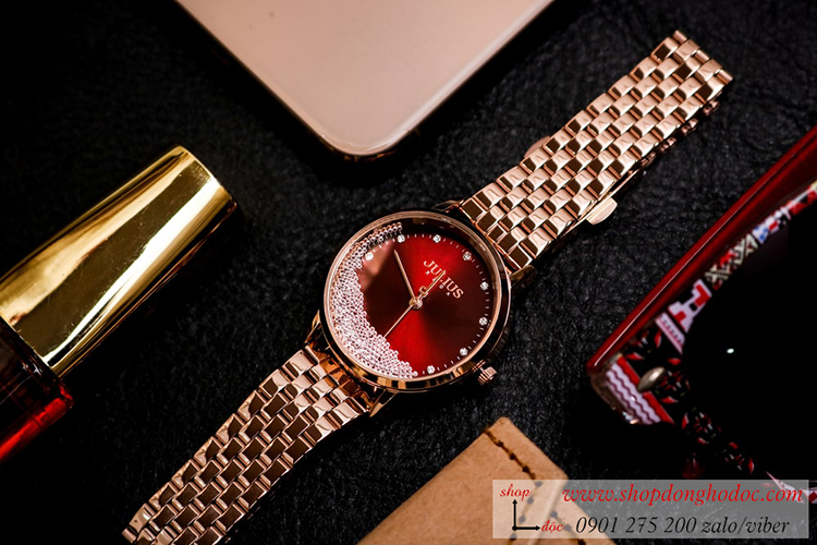 Đồng hồ nữ Julius JA 1283C dây kim loại mặt tròn đỏ đính đá quý phái ĐHĐ34704