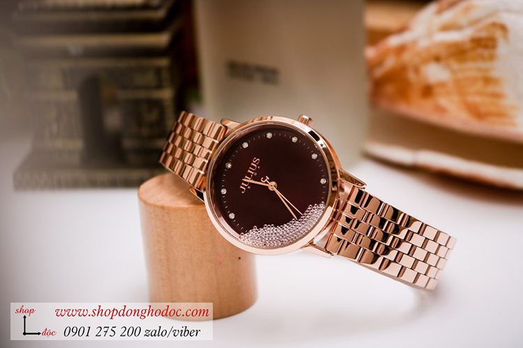 Đồng hồ nữ Julius JA 1283C dây kim loại mặt tròn đỏ đính đá quý phái ĐHĐ34704