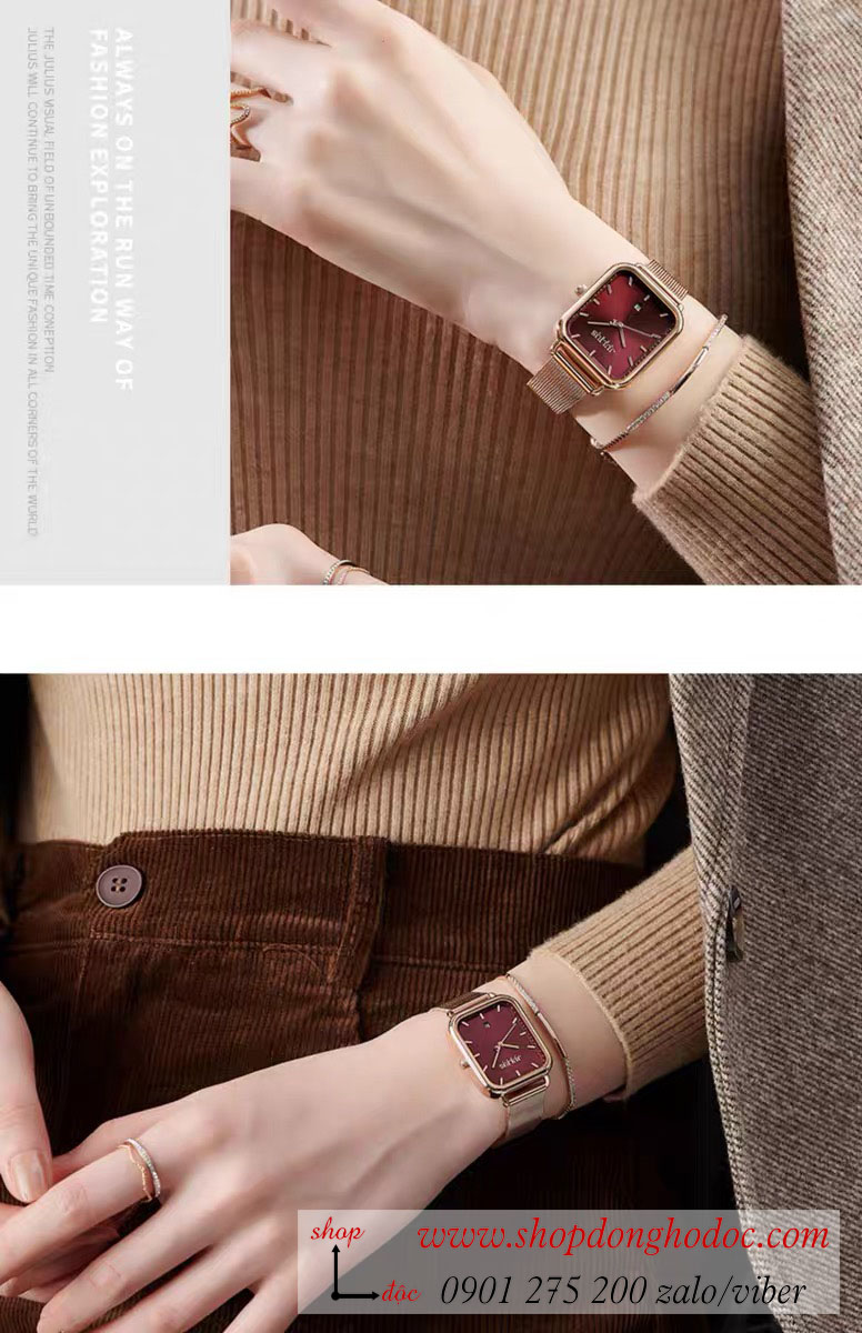 Đồng hồ nữ Julius JA 1297 dây kim loại mặt chữ nhật đỏ đô quyến rũ ĐHĐ37302