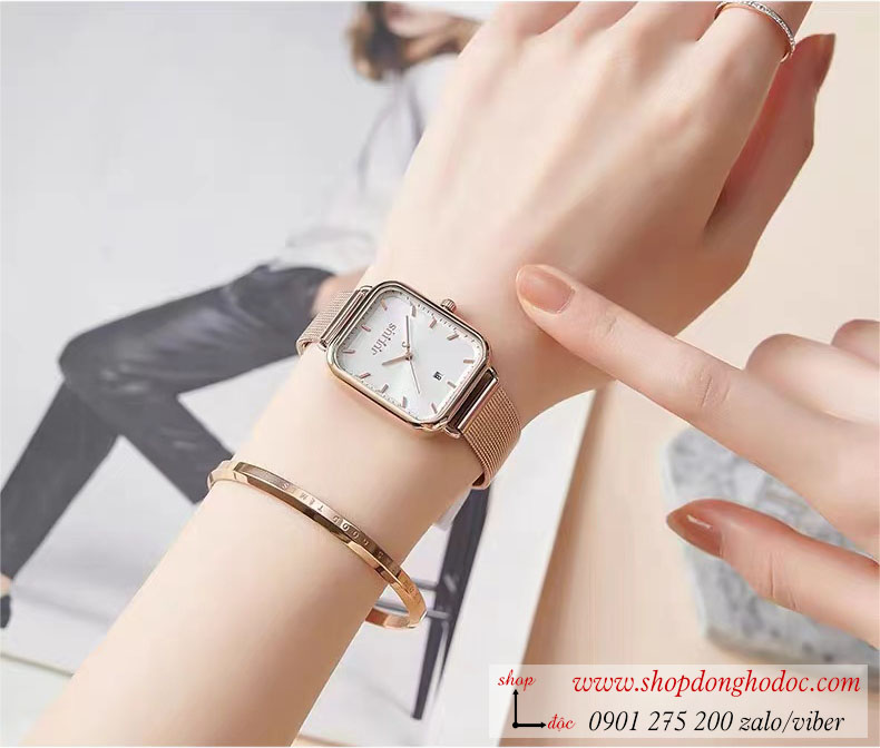 Đồng hồ nữ Julius JA 1297 dây kim loại mặt chữ nhật trắng sang chảnh ĐHĐ37301