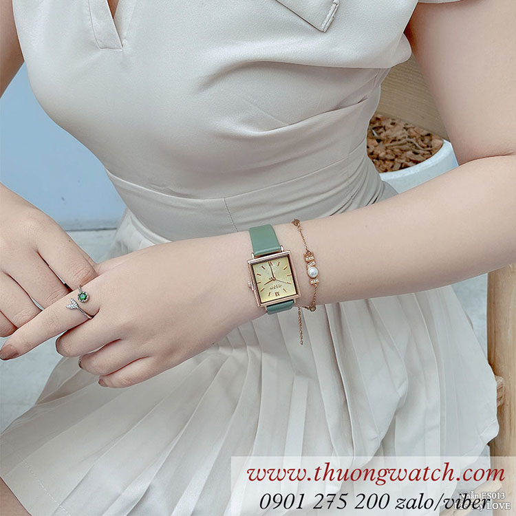 Đồng hồ nữ Julius JA 1335B dây da mặt chữ nhật xanh rêu sành điệu ĐHĐ41004