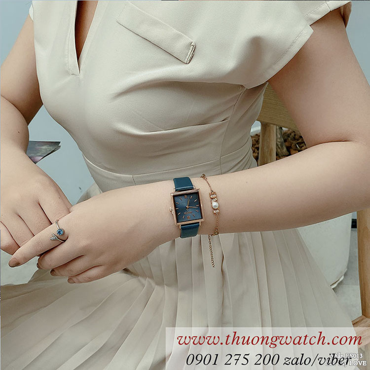 Đồng hồ nữ Julius JA 1335C dây da mặt chữ nhật xanh dương cá tính ĐHĐ41002