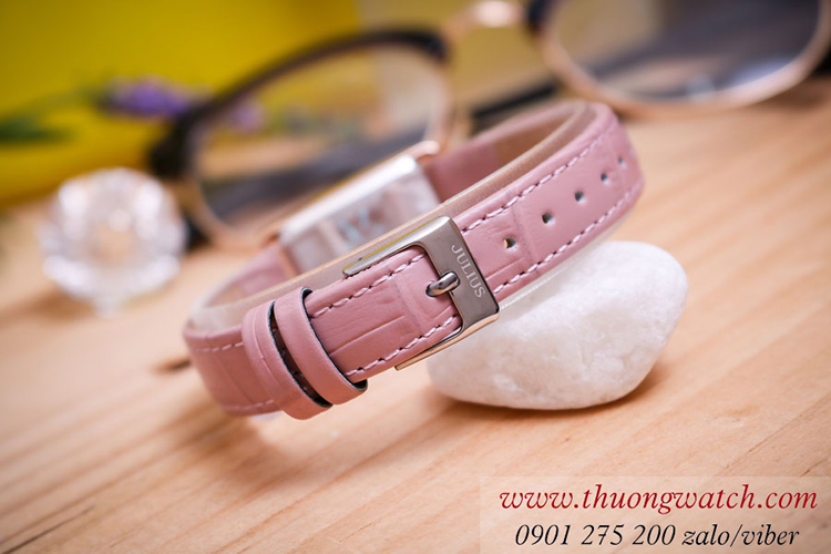 Đồng hồ nữ Julius JA 1338B dây da mặt chữ nhật size nhỏ hồng pastel ĐHĐ40901