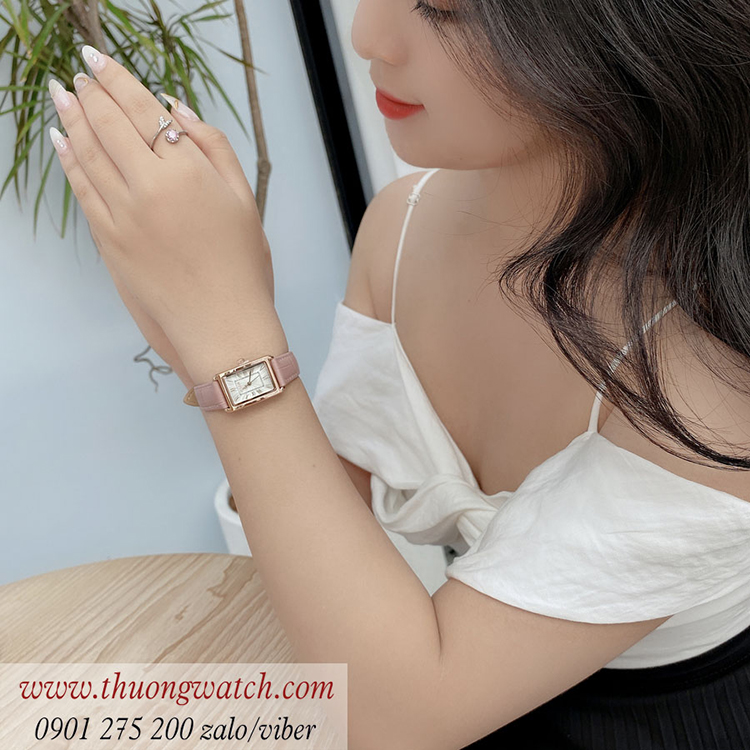 Đồng hồ nữ Julius JA 1338B dây da mặt chữ nhật size nhỏ hồng pastel ĐHĐ40901