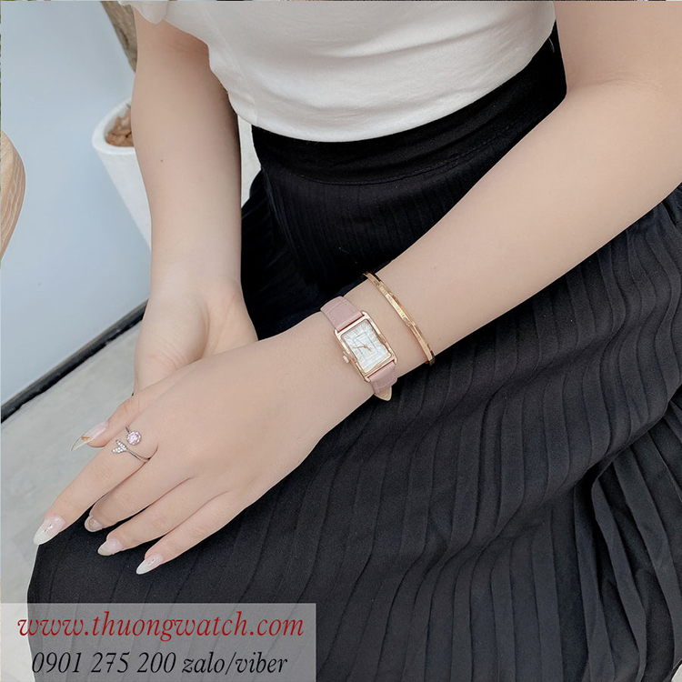 Đồng hồ nữ Julius JA 1338B dây da mặt chữ nhật size nhỏ hồng pastel ĐHĐ40901