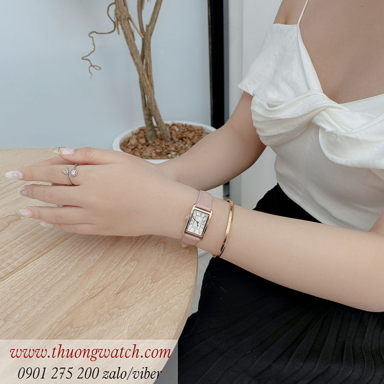 Đồng hồ nữ Julius JA 1338B dây da mặt chữ nhật size nhỏ hồng pastel ĐHĐ40901