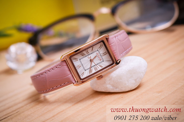 Đồng hồ nữ Julius JA 1338B dây da mặt chữ nhật size nhỏ hồng pastel ĐHĐ40901