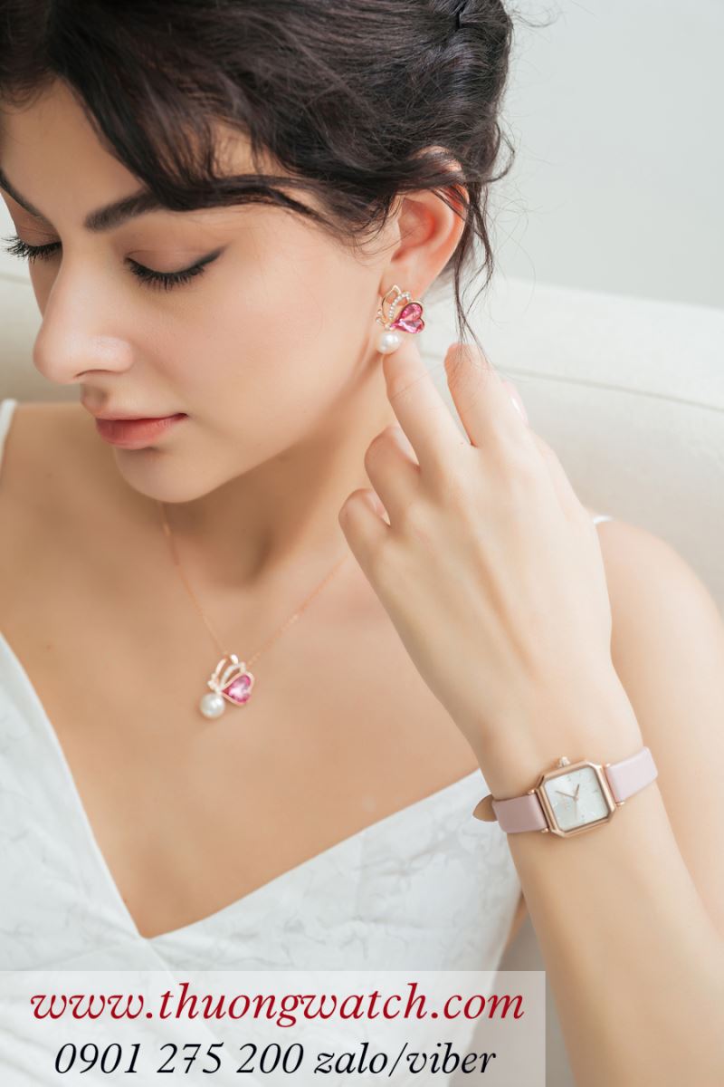 Đồng hồ nữ Julius JA 1370 dây da mặt vuông size nhỏ hồng pastel ĐHĐ42502