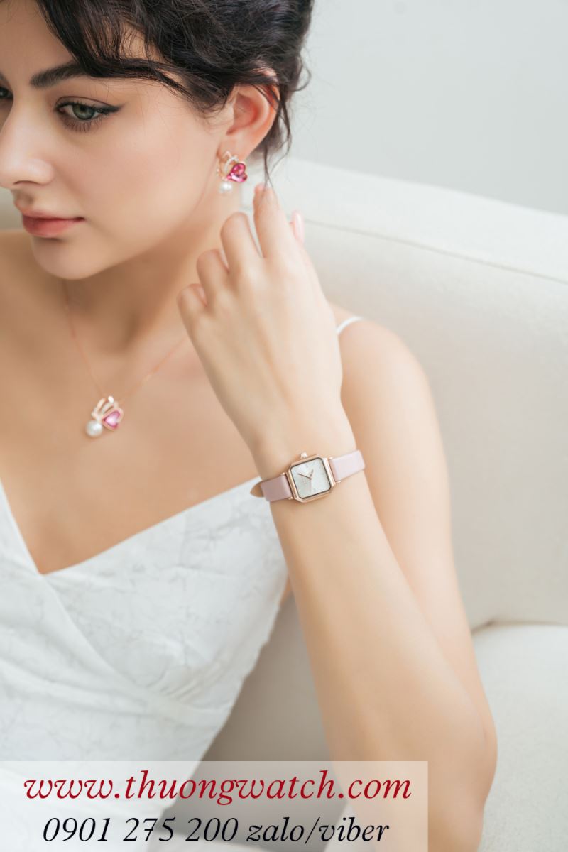 Đồng hồ nữ Julius JA 1370 dây da mặt vuông size nhỏ hồng pastel ĐHĐ42502
