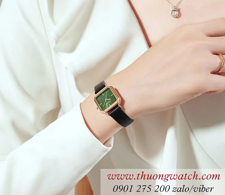 Đồng hồ nữ Julius JA 1370 dây da mặt vuông size nhỏ xanh lục ĐHĐ42501
