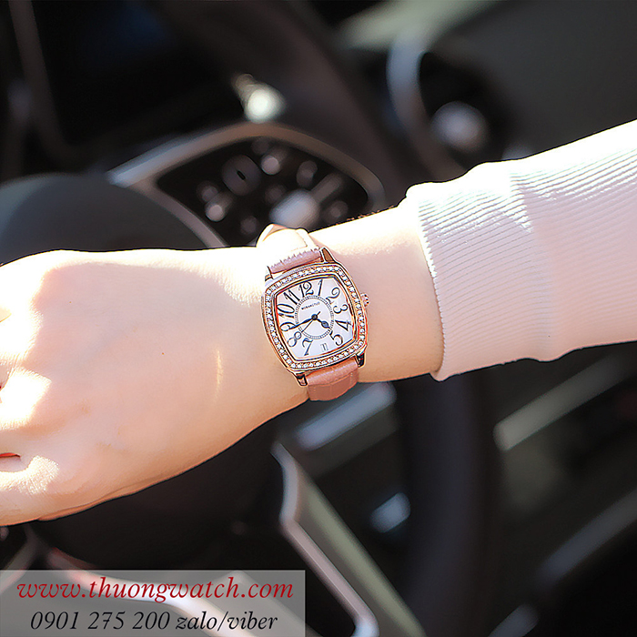 Đồng hồ nữ dây da mặt vuông đính đá hồng pastel ĐHĐ42702