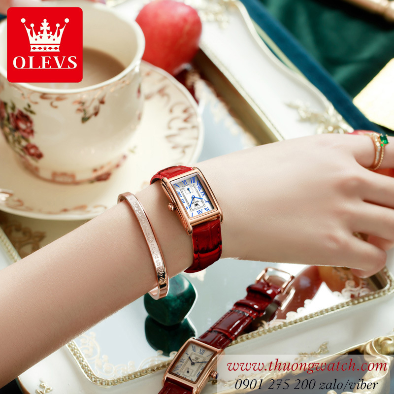 Đồng hồ olevs nữ dây da mặt chữ nhật size nhỏ đỏ ĐHĐ42101