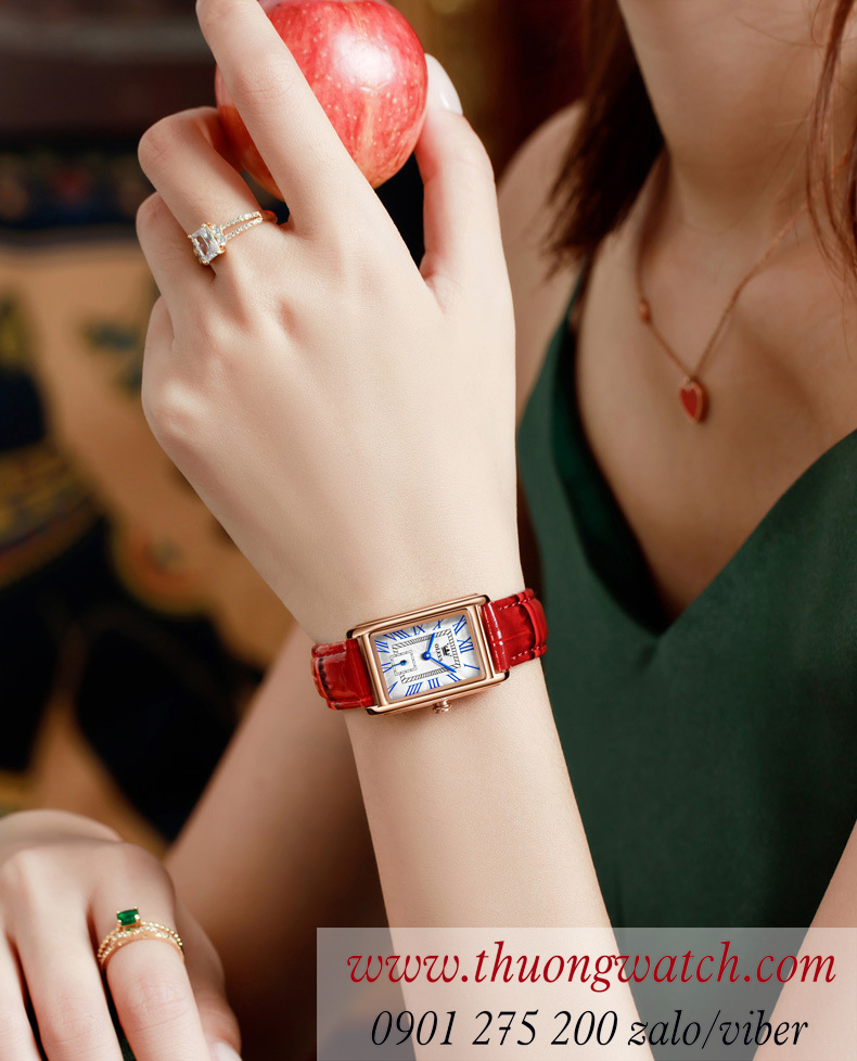 Đồng hồ olevs nữ dây da mặt chữ nhật size nhỏ đỏ ĐHĐ42101