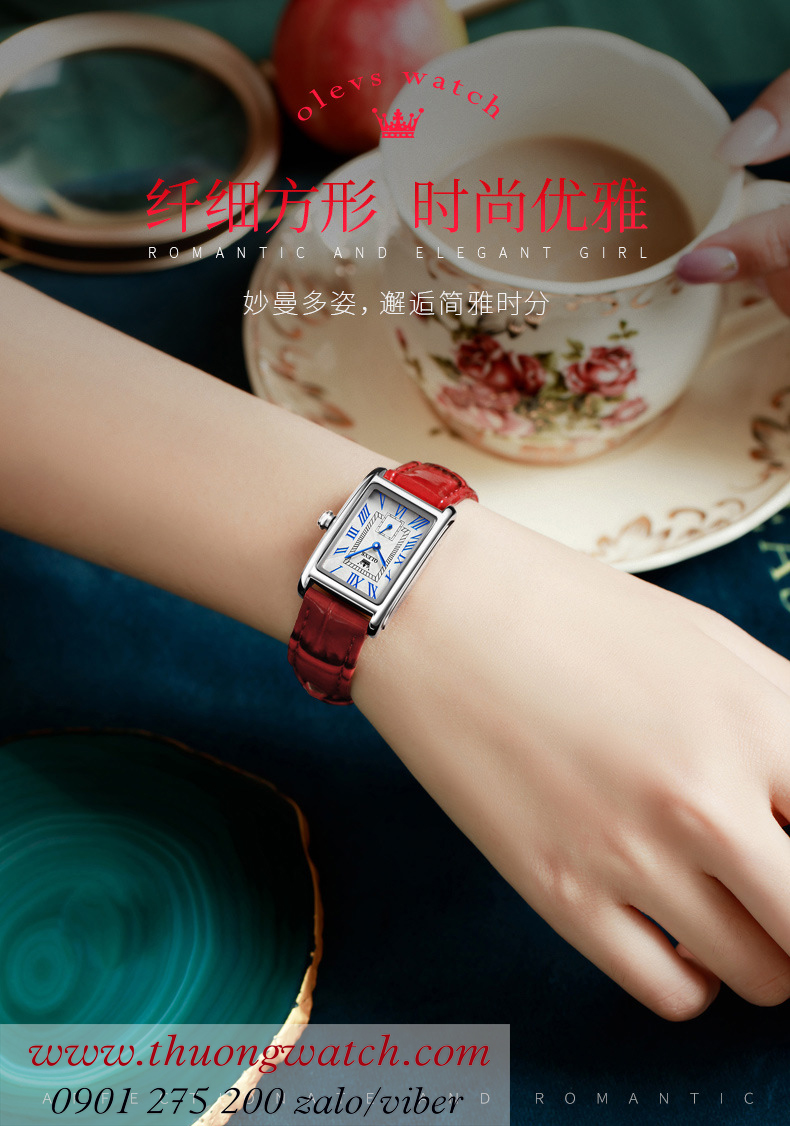 Đồng hồ olevs nữ dây da mặt chữ nhật size nhỏ đỏ viền bạc ĐHĐ42103