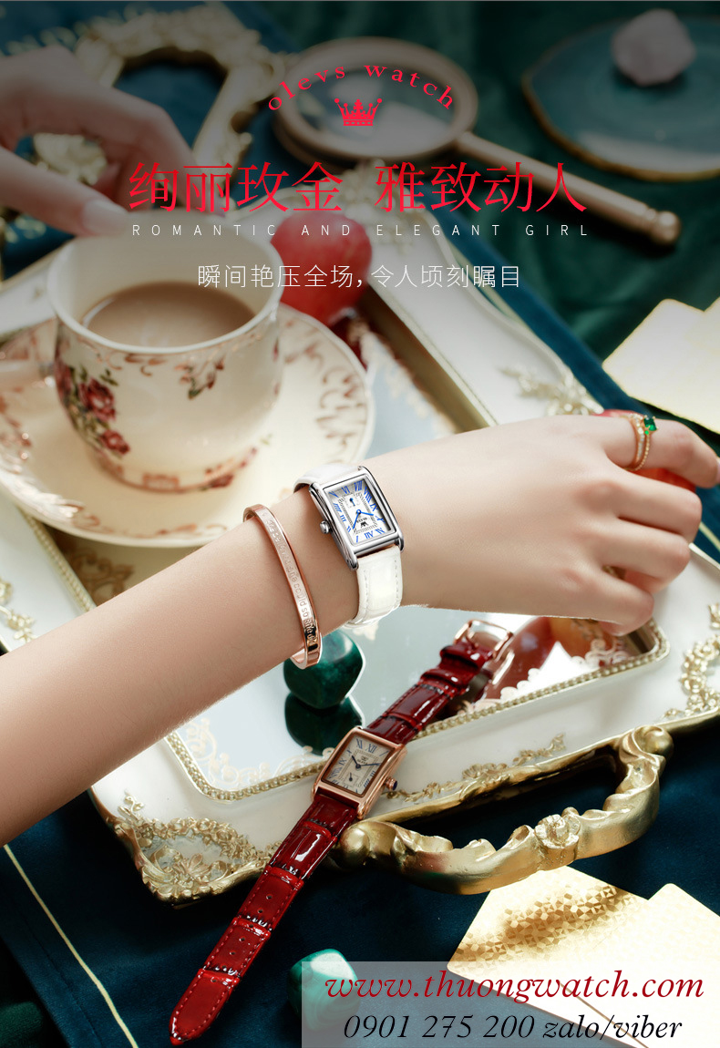 Đồng hồ olevs nữ dây da mặt chữ nhật size nhỏ trắng viền bạc ĐHĐ42104