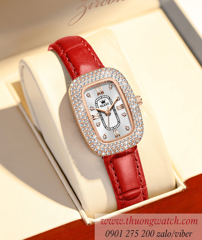 Đồng hồ olevs nữ dây da mặt chữ nhật nhỏ đính đá lấp lánh đỏ đô ĐHĐ42202