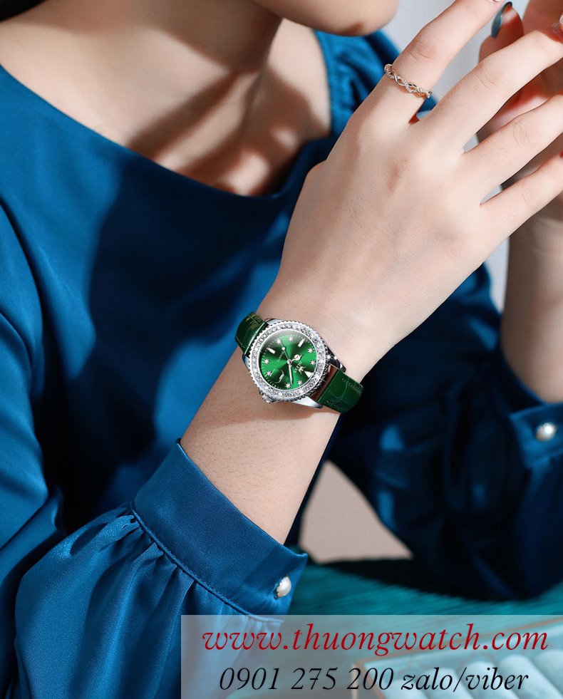 Đồng hồ olevs nữ dây da mặt tròn đính đá xanh lục cá tính ĐHĐ42401