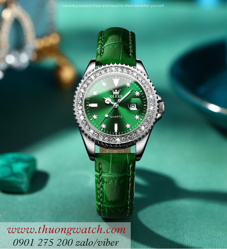 Đồng hồ olevs nữ dây da mặt tròn đính đá xanh lục cá tính ĐHĐ42401