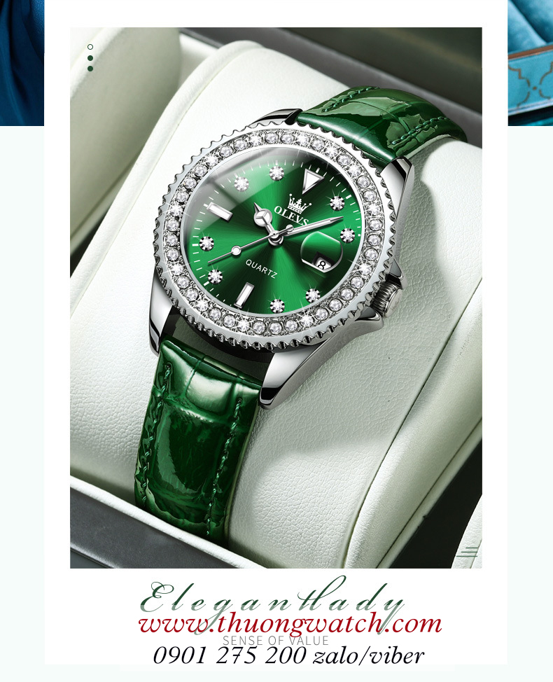 Đồng hồ olevs nữ dây da mặt tròn đính đá xanh lục cá tính ĐHĐ42401