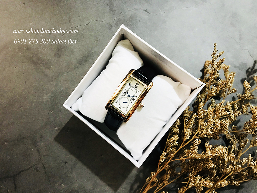 Đồng hồ nữ dây da mặt chữ nhật viền vàng đen thanh lịch Rebirth ĐHĐ21401