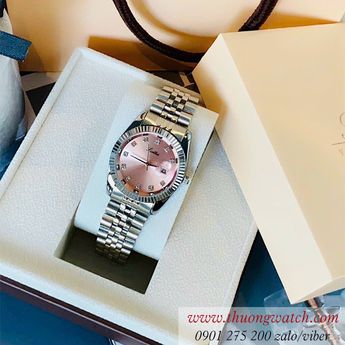 Đồng hồ nữ Scottie dây kim loại mặt tròn hồng pastel ĐHĐ46903
