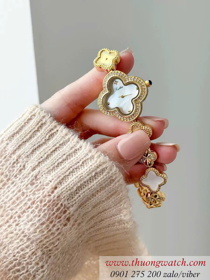 Đồng hồ nữ cỏ bốn lá dây kim loại mặt nhỏ màu vàng ĐHĐ48403