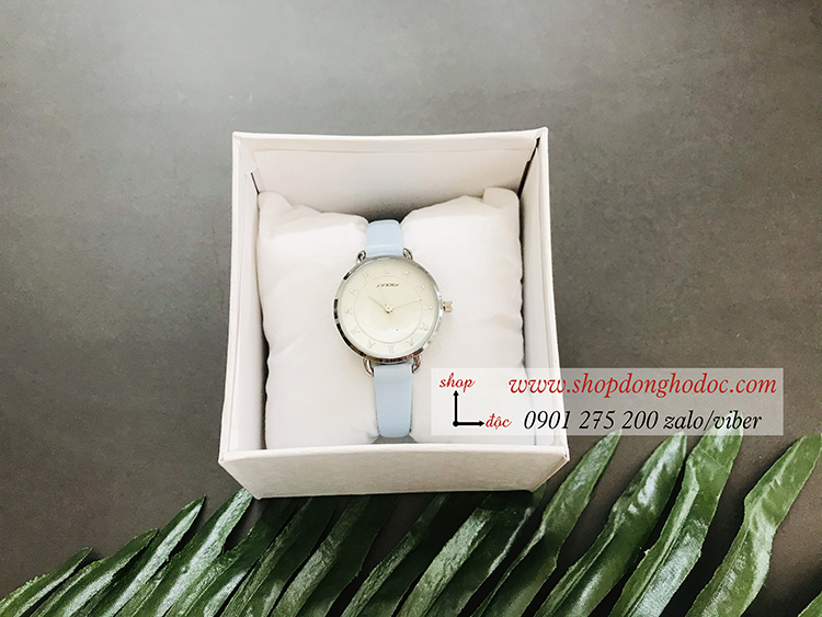 Đồng hồ Sk nữ dây da mặt tròn xanh pastel dịu mát ĐHĐ19302