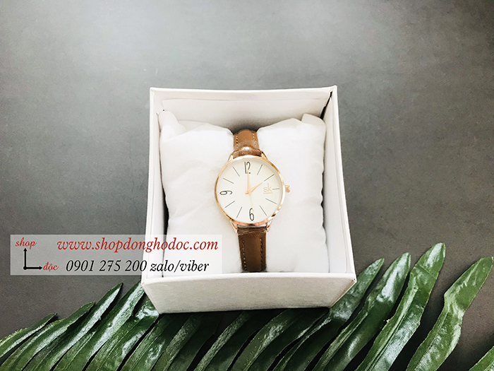 Đồng hồ Shengke SK nữ dây da mặt tròn nâu cổ điển ĐHĐ19402