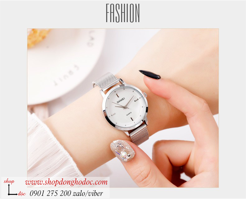 Đồng hồ nữ Skmei dây kim loại mặt tròn bạc thanh lịch ĐHĐ25902